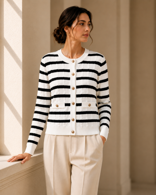 Textured Stripe Cardigan – Black & White